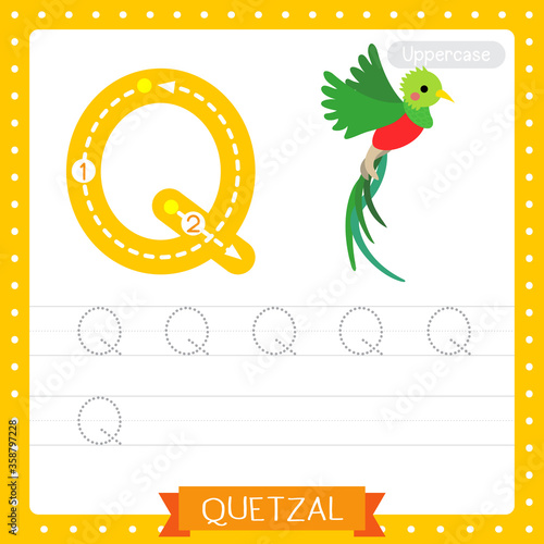 Letter Q uppercase tracing practice worksheet of Flying Quetzal bird