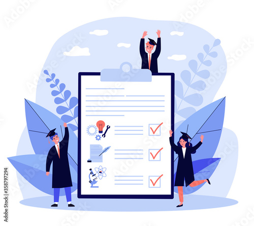 Tiny people choosing university special subject. Literature, science, engineering flat vector illustration. Education, study and learning concept for banner, website design or landing web page