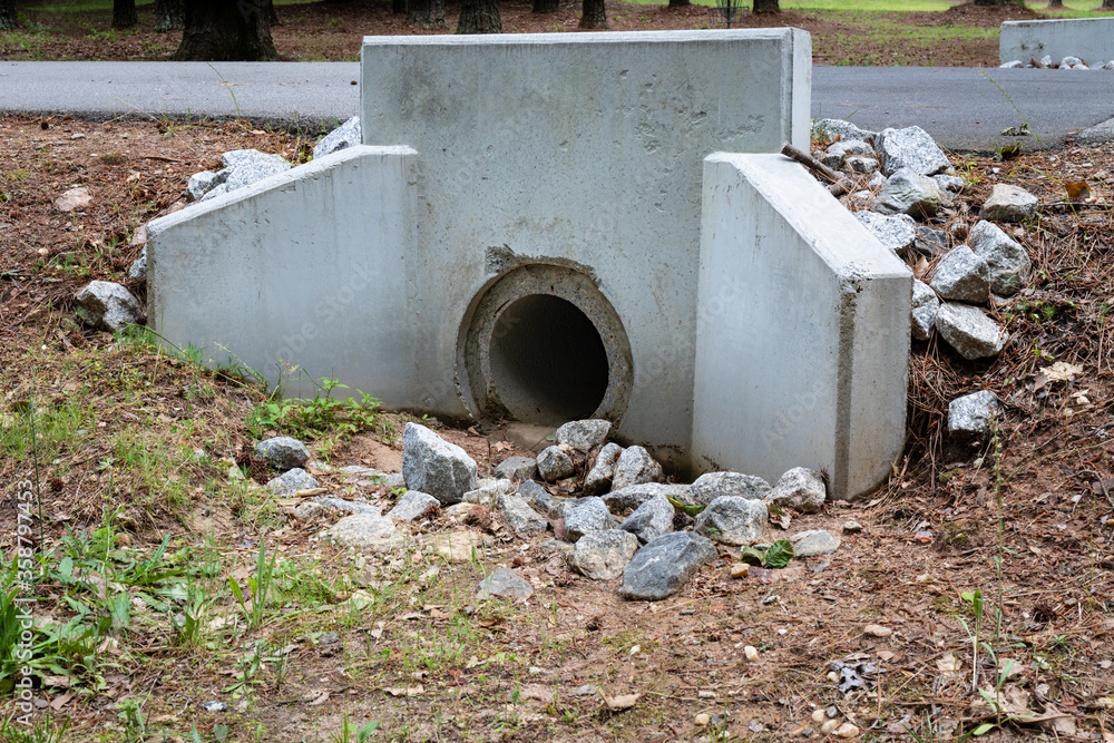 Precast concrete headwall for pipe running under a roadway, rainwater