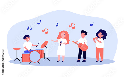 School musician band. Cute children with musical instruments playing and singer playing at party or festival. Vector illustration for talent show, kids orchestra, teenagers, concert concept