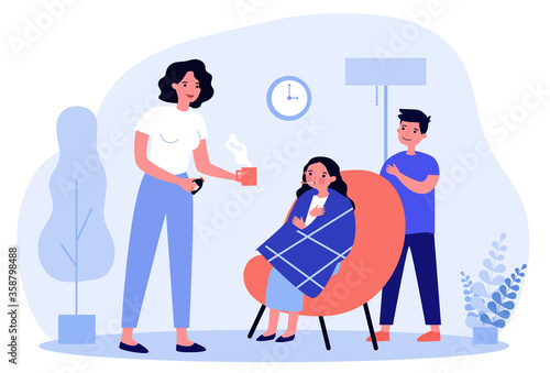 Mother curing daughter in plaid from flu. Cold, syrup, temperature flat vector illustration. Healthcare and therapy concept for banner, website design or landing web page