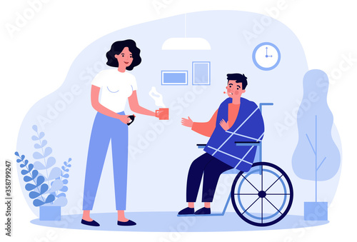Woman giving medicine to sick man in wheelchair. Flu, syrup, temperature flat vector illustration. Healthcare and therapy concept for banner, website design or landing web page