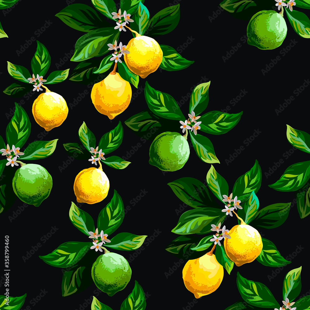 Seamless citrus pattern with palm leves.Hand drawn vector illustration ...