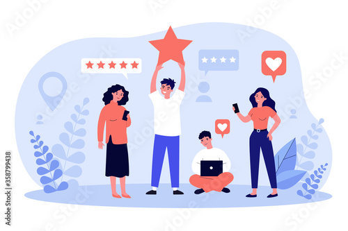 Happy customers giving feedback to service or online store. People with gadgets voting with rating stars. Vector illustration for client positive review, assessment, evaluation concept