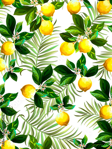 Seamless citrus vector pattern on white background. Hand drawn illustration with lemons. Tropical fruit wallpaper.