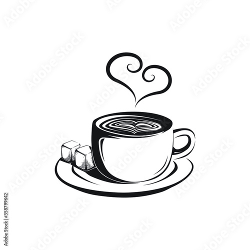 Vector illustration of a coffee cup with two sugar cubes on a saucer plate with a heart-shaped steam coming out of the cup.