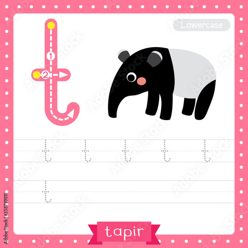 Letter T lowercase tracing practice worksheet of Standing Tapir