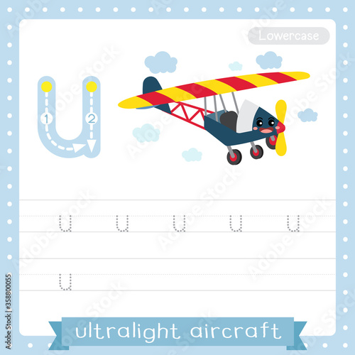 Letter U lowercase tracing practice worksheet of Ultralight Aircraft