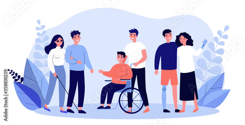 Volunteers helping disabled people. Group of men and women with special needs, on wheelchair, with prosthesis. illustration for support, diversity, disability, lifestyle concept