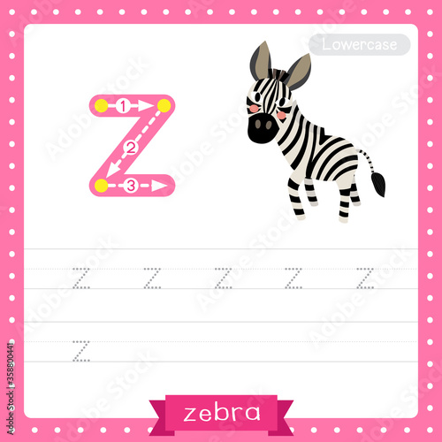 Letter Z lowercase tracing practice worksheet of Zebra