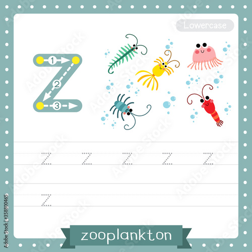 Letter Z lowercase tracing practice worksheet of Zooplankton