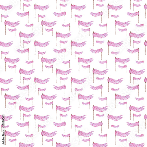 Seamless pattern with pink girlish bunting flags. Cute childish birthday ribbons on white background. Hand drawn watercolor flag For kid party