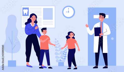 Mother with son visiting dentist. Doctor, tooth, treatment flat vector illustration. Healthcare and stomatology concept for banner, website design or landing web page