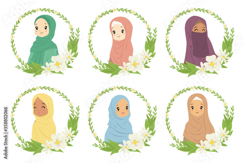 Beautiful Muslim girls in colorful hijab, with circle flower frame isolated in white backgorund. Muslim girls icons with floral frame vector set. 