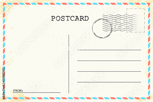 Postcard template. Old vintage Retro envelope with stamp. Vector illustration. EPS 10.