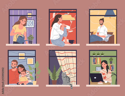 Open windows with diverse and friendly neighbors in apartments illustration. Exterior of building with men and women living inside. Happy neighborhood, daily routine