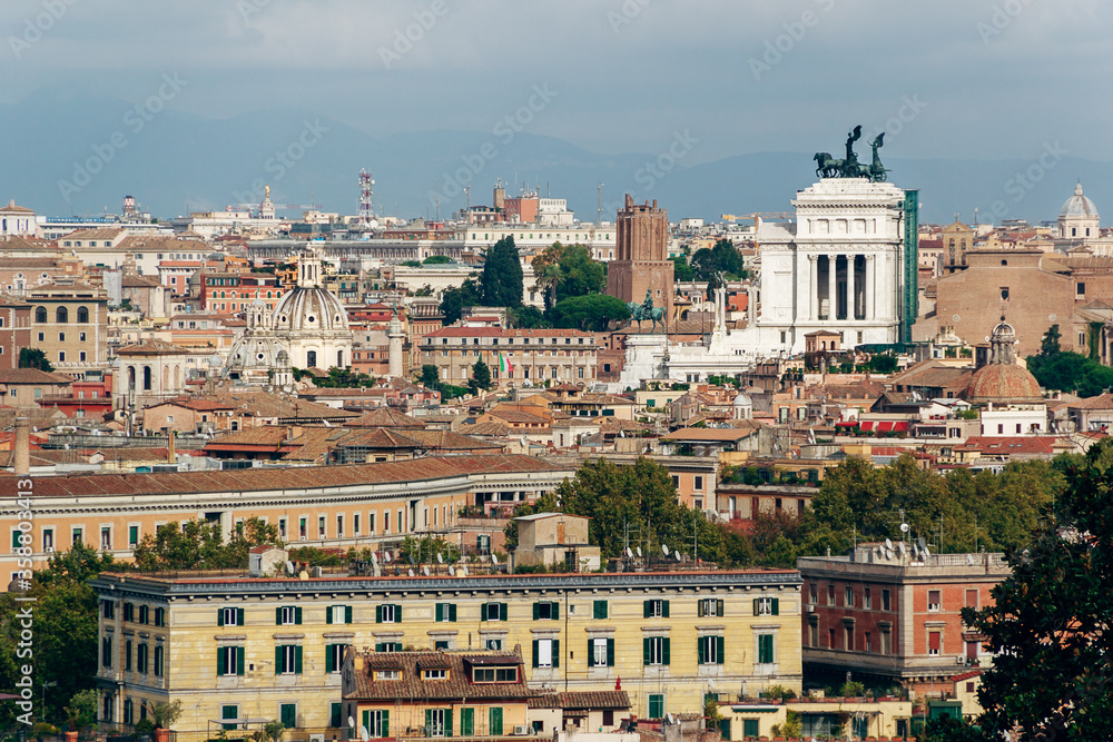 view of Rome in summer, Italy. Panorama of historical area of Rome on a sunny day.