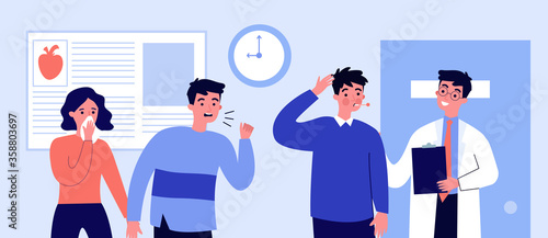 Doctor curing patients with flu. Virus, disease, queue flat vector illustration. Healthcare and therapy concept for banner, website design or landing web page