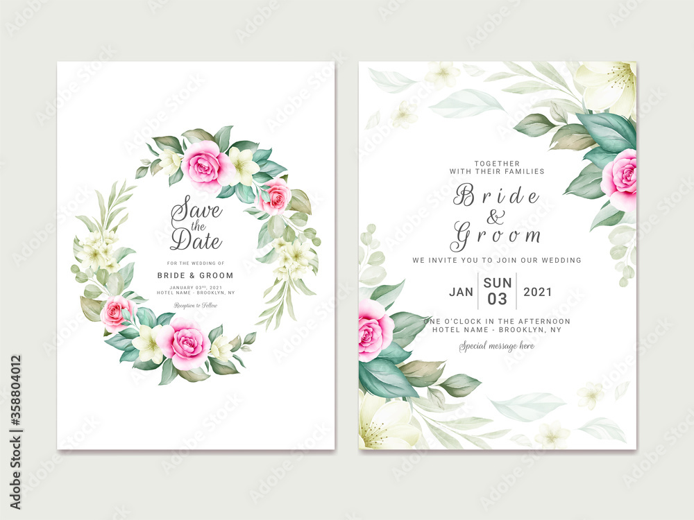 Wedding invitation template set with soft watercolor floral wreath and border decoration. Botanic illustration for card composition design