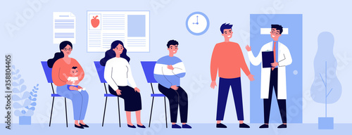 Queue of patient sitting at therapist office in clinic. People visiting medical practitioner for examination in hospital. illustration for doctor, healthcare, medicine, health concept