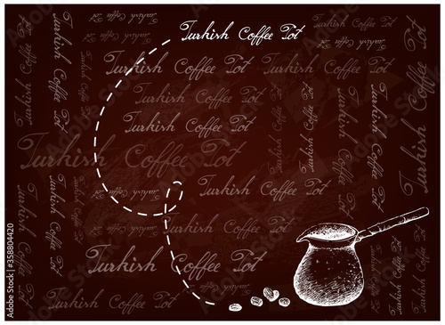 Turkish Cuisine, Turkish Coffee with Cezve or Coffee Pot on Brown Background. One of The Popular Drink in Turkey.
 photo