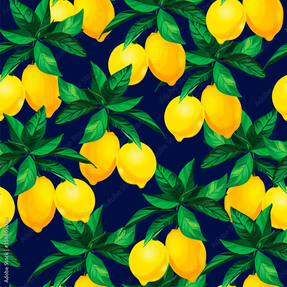 Seamless citrus pattern with palm leves.Hand drawn vector illustration ...