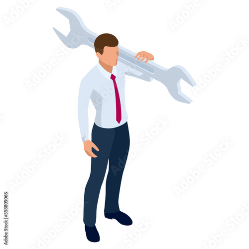 Isometric businessman isolated on write. Creating an office worker character, cartoon people. Business people. Businessman with a wrench in hand
