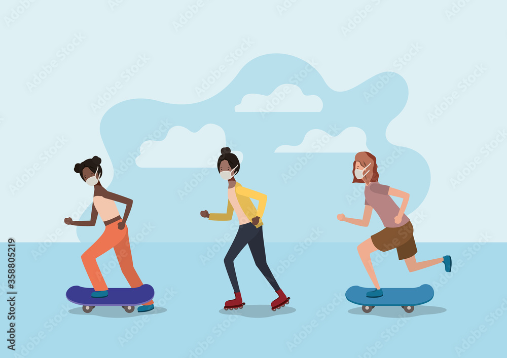 Girls with masks on skateboards and roller skates design of medical care and covid 19 virus theme Vector illustration Girls with masks on skateboards and roller skates design of medical care and covid 19 virus theme Vector illustration