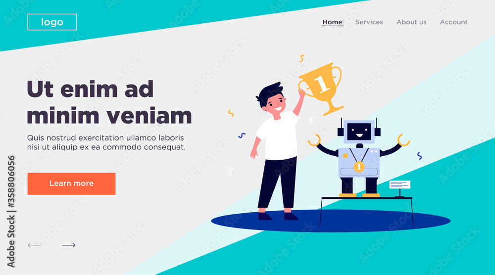Young engineer making robot and winning award flat vector illustration. Cartoon winner holding cup for electronic toy. School programming project and competition concept Young engineer making robot and winning award flat vector illustration. Cartoon winner holding cup for electronic toy. School programming project and competition concept