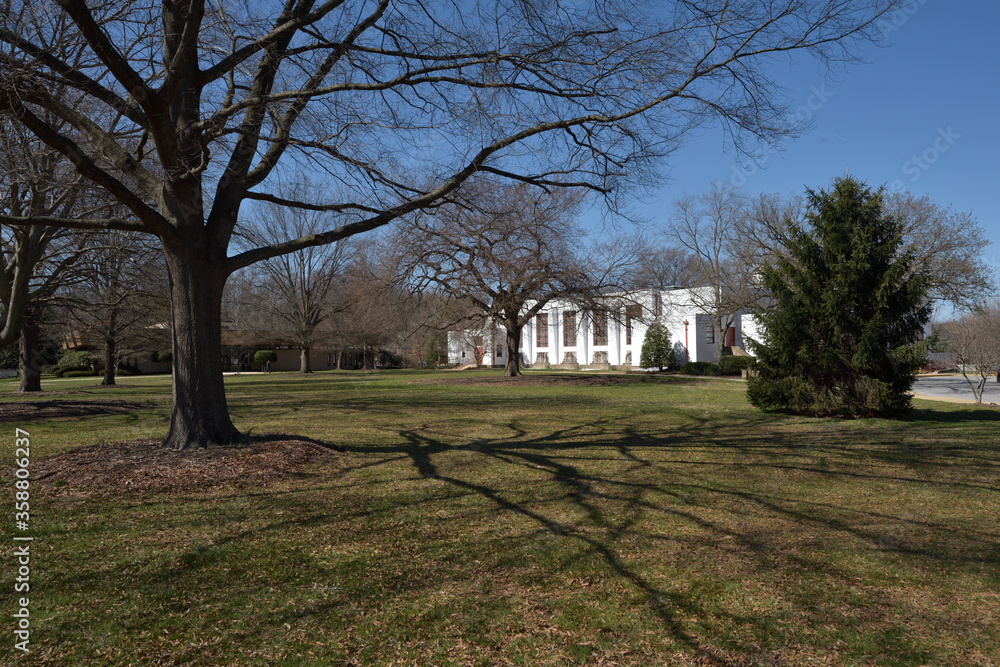 Obraz premium アメリカの郊外住宅地:グリーンベルトのコミュニティ・センター