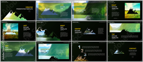 Presentations design, vector templates. Background for tourist camp, nature tourism, camping. Aadventure design concept. Multipurpose template for presentation slide, flyer leaflet, brochure cover.