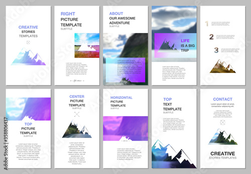 Creative social networks stories design, vertical banner or flyer template. Covers design templates for flyer, brochure. Background for tourist camp, nature tourism, camping. Aadventure design concept