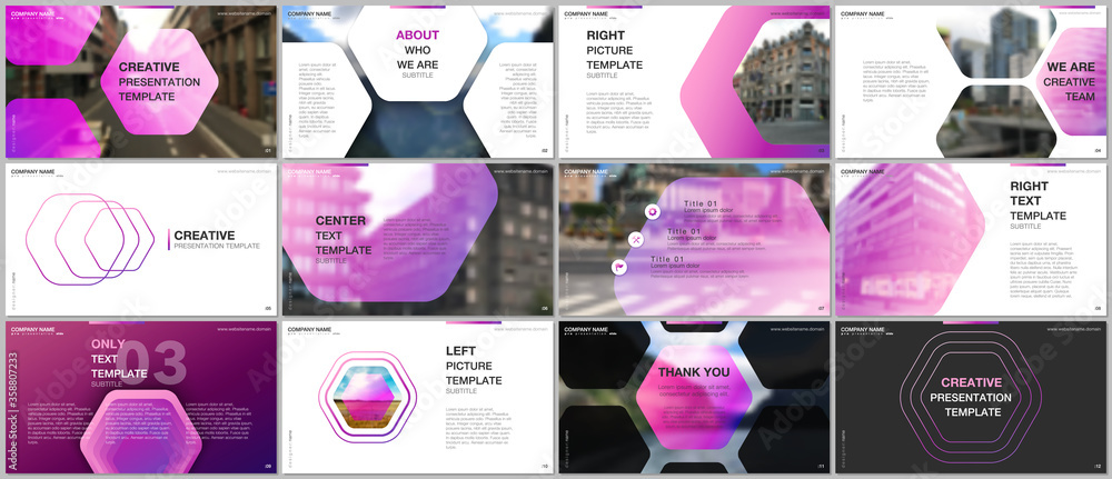 Minimal presentations design, portfolio vector templates with hexagonal design pink color pattern background. Multipurpose template for presentation slide, flyer leaflet, brochure cover, report. - obrazy, fototapety, plakaty 