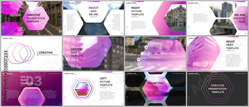 Minimal presentations design, portfolio vector templates with hexagonal design pink color pattern background. Multipurpose template for presentation slide, flyer leaflet, brochure cover, report.