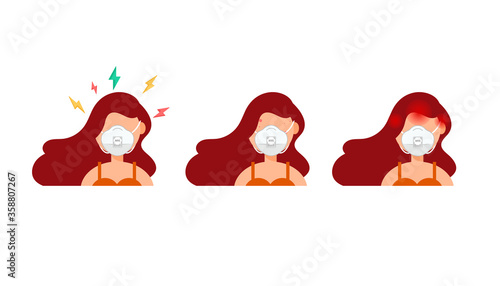 Girl in protective medical mask is having migraine, stress and headache. Protection against coronavirus infection, dust, polluted air