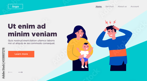 Young father tired of migraine because of crying baby. Mom holding child and dad touching head flat vector illustration. Depression and headache concept for banner, website design or landing web page