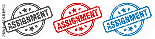 assignment stamp. assignment round isolated sign. assignment label set