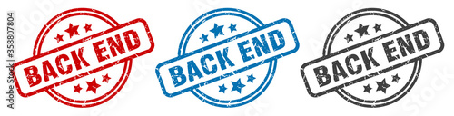 back end stamp. back end round isolated sign. back end label set