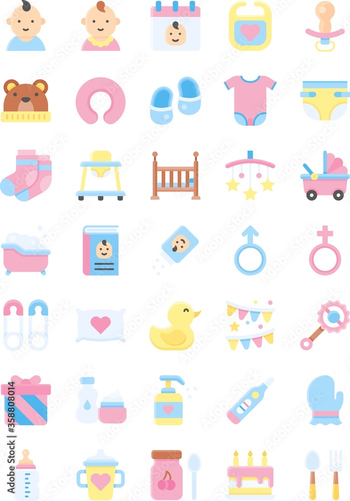 baby shower related water tub, duck, gift box, pillow, book, diaper, cap, socks, carriage, baby faces, safety pin, rattle drum, and genders sign vectors in flat style, baby shower related water tub, duck, gift box, pillow, book, diaper, cap, socks, carriage, baby faces, safety pin, rattle drum, and genders sign vectors in flat style,
