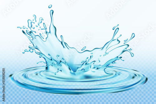 Transparent vector water splash and wave on light background. Design of natural, organic products. Eps 10