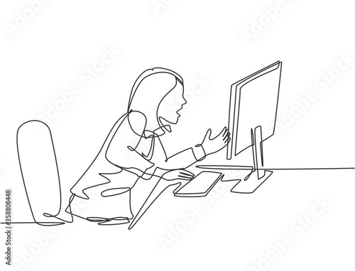 One continuous line drawing of young frustrated businesswoman yelling at computer monitor while she was sitting on work chair. Business problem concept single line draw design vector illustration ]