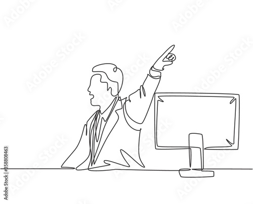 Single continuous line drawing of young angry manager yelling and pointing finger to staff. Anger management at office life concept. Modern one line draw design graphic graphic vector illustration