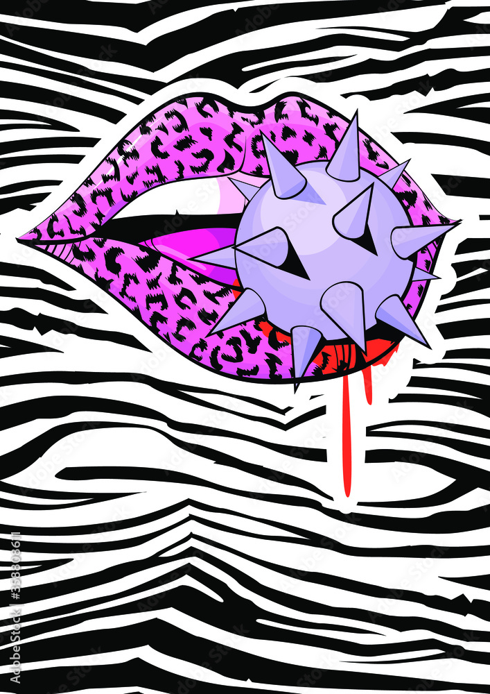 exciting image of animal print lips biting a spiked sphere and bleeding on zebra background exciting image of animal print lips biting a spiked sphere and bleeding on zebra background