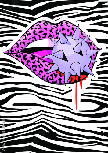 exciting image of animal print lips biting a spiked sphere and bleeding on zebra background