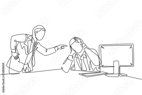 One continuous line drawing of young furious manager blaming his lazy staff about bad work performance and attitude. Work discipline at the office concept single line draw design vector illustration