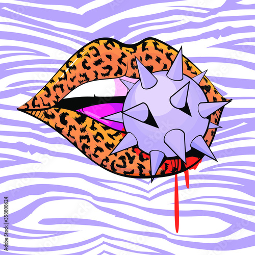 exciting image of animal print lips biting a spiked sphere and bleeding on zebra background