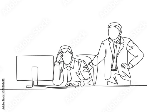 One continuous line drawing of young angry manager asking his depressed staff for an unfinished job. Work pressure at he office concept. Trendy single line draw design vector graphic illustration