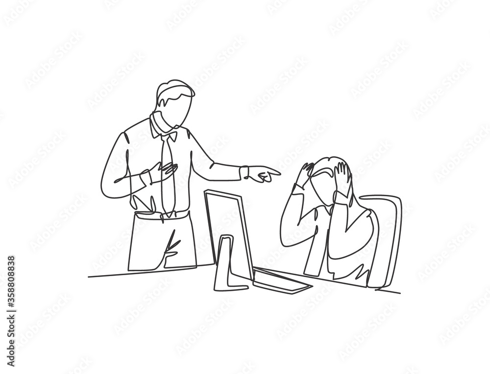 One single line drawing of young upset manager pointing finger to his stressful staff and blaming the staff about bad work performance. concept continuous line draw design graphic vector illustration