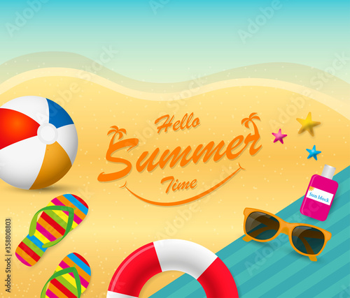 summer holiday background with beach toys, flip flops