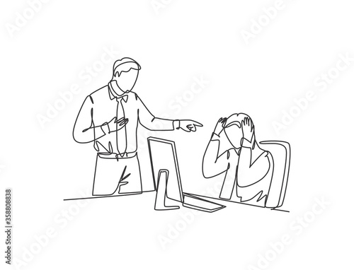 One single line drawing of young upset manager pointing finger to his stressful staff and blaming the staff about bad work performance. concept continuous line draw design graphic vector illustration